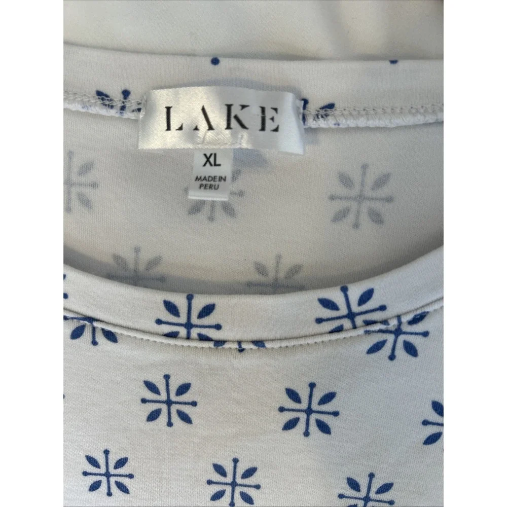 LAKE Pajamas Womens XL Pima Cotton Long-Short Set White Blue Floral Starburst - Picture 5 of 10